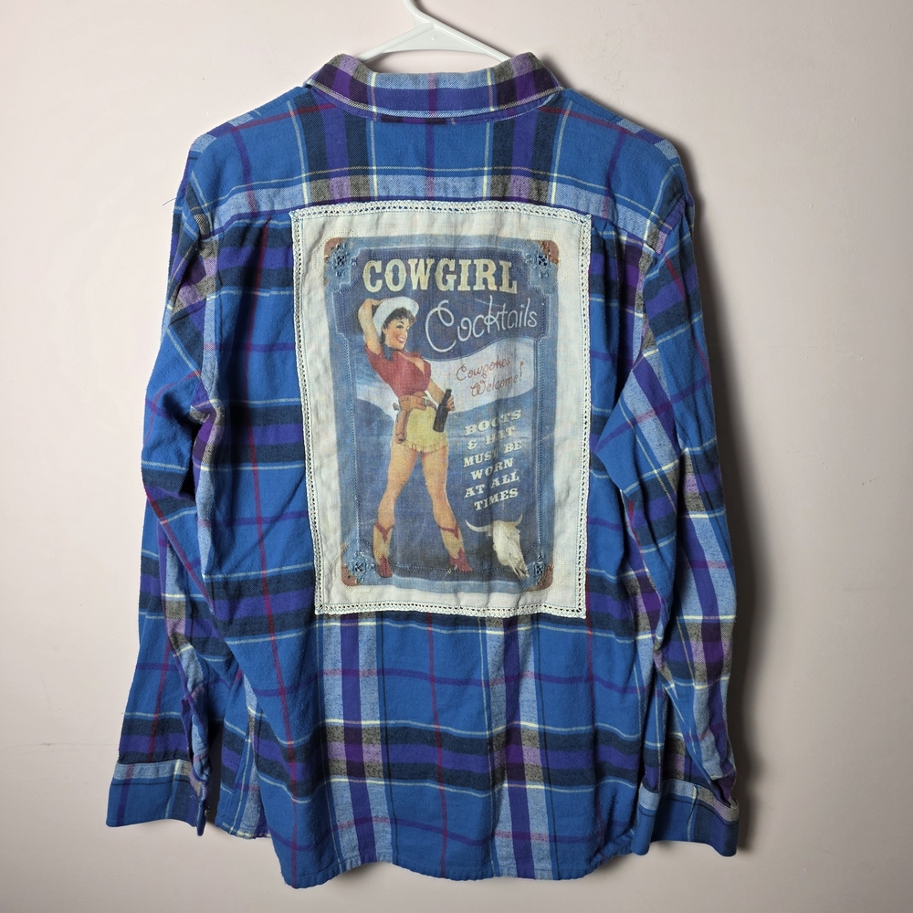 Vintage Van Heusen Flannel Shirt Large Blue Purple Plaid Cowgirl Graphic Western